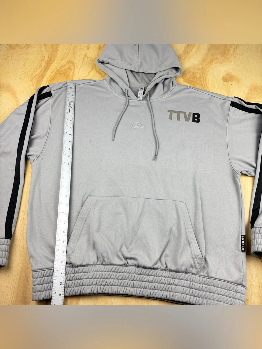 adidas Men's Light Gray Crewneck Hoodie with Black Sleeve Stripes